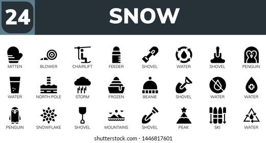 snow icon set. 24 filled snow icons.  Simple modern icons about  - Mitten, Blower, Chairlift, Feeder, Shovel, Water, Penguin, North pole, Storm, Frozen, Beanie, Snowflake, Mountains