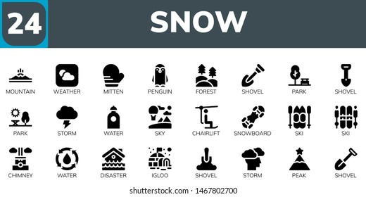 Snow Icon Set. 24 Filled Snow Icons.  Collection Of - Mountain, Weather, Mitten, Penguin, Forest, Shovel, Park, Storm, Water, Sky, Chairlift, Snowboard, Ski, Chimney, Disaster