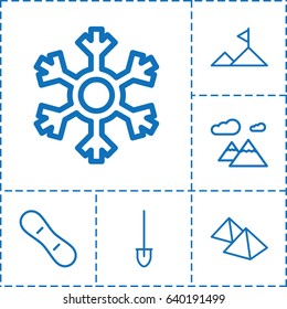 Snow icon. set of 6 snow outline icons such as shovel, snowflake, mountain