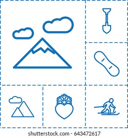 Snow icon. set of 6 snow outline icons such as shovel, heart frozen, mountain, skiing