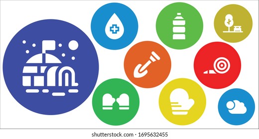 snow icon set. 9 filled snow icons. Included Igloo, Water, Mitten, Shovel, Blower, Park, Cloudy icons