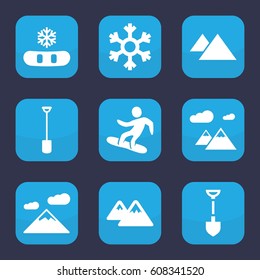 Snow icon. set of 9 filled snow icons such as shovel, mountain, snowflake