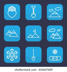 Snow icon. set of 9 outline snow icons such as shovel, heart frozen, mountain