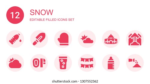 snow icon set. Collection of 12 filled snow icons included Water, Shovel, Mitten, Cloudy, Dome, Mittens, Garland, Feeder, Avalanche, Watering