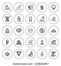 Snow icon set. collection of 25 outline snow icons with chimney, cool, feeder, ice skate, mountain, skier, skiing, storm, sunny, snowboard, snowboarding icons. editable icons.