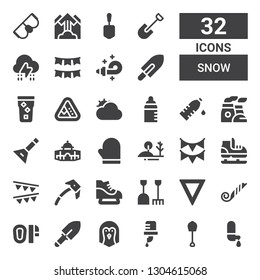 snow icon set. Collection of 32 filled snow icons included Water, Shovel, Penguin, Mittens, Blower, Ice skate, Ice axe, Garlands, Garland, Hill, Mitten, Dome, Balalaika, Chimney