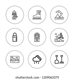 Snow icon set. collection of 9 outline snow icons with feeder, eskimo, ice skate, iceberg, igloo, mountain, rainy, skier icons. editable icons.