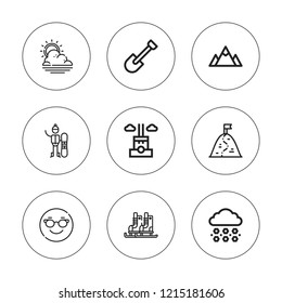 Snow icon set. collection of 9 outline snow icons with chimney, cool, hail, ice skate, mountain, shovel, sunny icons. editable icons.