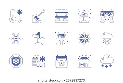 Snow icon set. Duotone style line stroke and bold. Vector illustration. Containing road sign, snowflake, house, shovel, road blockade, signpost, snowfall, snowstorm, sign, thermometer, low temperature