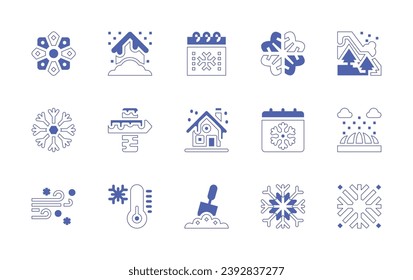 Juego de iconos de Nieve. Curso de línea de estilo duotónico y negrita. Ilustración vectorial. Con termómetro, copo de nieve, calendario, casa, ventisca, avalancha, pala, señalización, iglú, invierno, viento.