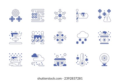 Snow icon set. Duotone style line stroke and bold. Vector illustration. Containing snowflake, house, snowflakes, signpost, panel, snowfall, bench, thermometer, location pin, severe weather, fence.