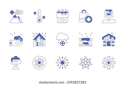 Snow icon set. Duotone style line stroke and bold. Vector illustration. Containing low temperature, sign, house, cabin, snowflake, billboard, snowfall, mountain, shopping bag, snowball, table.