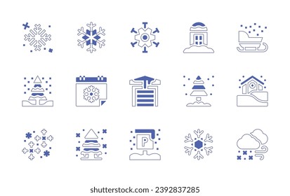 Snow icon set. Duotone style line stroke and bold. Vector illustration. Containing snowflake, sledge, calendar, snowy, phone booth, tree, snowfall, fir, pine, snowflakes, garage, parking sign.