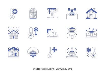 Snow icon set. Duotone style line stroke and bold. Vector illustration. Containing frost, window, house, thermometer, snowflake, temperature, signboard, sleigh, cold, teepee, ice floe, traffic signal.