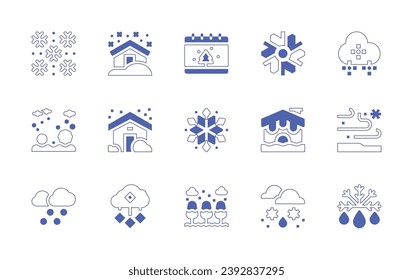 Snow icon set. Duotone style line stroke and bold. Vector illustration. Containing snow, snowing, hail, defrost, calendar, snowflake, snowy, house, sleet.
