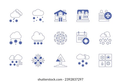Snow icon set. Duotone style line stroke and bold. Vector illustration. Containing snow, winter, weather news, house, snowflake, avalanche, shop, calendar, snowfall.