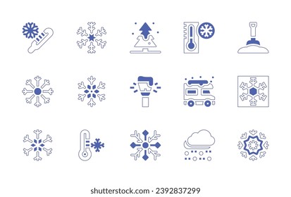 Snow icon set. Duotone style line stroke and bold. Vector illustration. Containing cold, snowflake, shovel, pine tree, streetlight, hail, cold temperature, van.