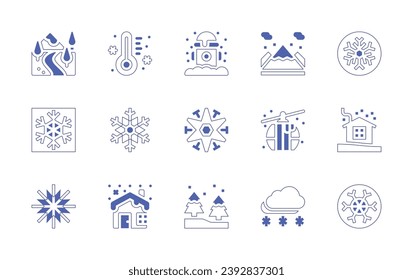 Juego de iconos de Nieve. Curso de línea de estilo duotónico y negrita. Ilustración vectorial. Conteniendo el valle, termómetro, copo de nieve, casa, hidrante de fuego, árboles, montaña, teleférico.