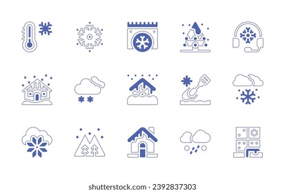 Snow icon set. Duotone style line stroke and bold. Vector illustration. Containing snow, snowing, forest, window, calendar, house, christmas tree, shovel, freezing rain.