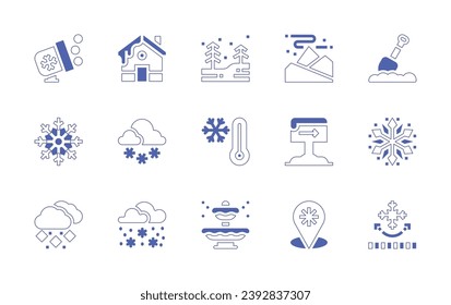 Snow icon set. Duotone style line stroke and bold. Vector illustration. Containing snow cannon, cabin, shovel, snowflake, snow, flake, storm, proof, forest, aurora borealis, temperature