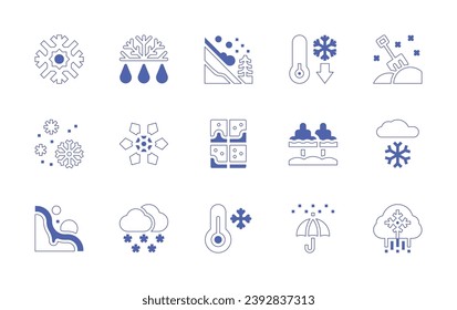 Snow icon set. Duotone style line stroke and bold. Vector illustration. Containing snowflake, defrost, shovel, snowflakes, snow, snow avalanche, snowing, avalanche, decrease, window, temperature cold.