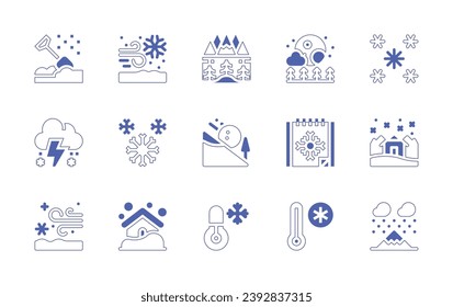 Snow-Icon-Set. Duotone Stil Linie Strich und fett. Vektorgrafik. Mit Schaufel, Schneesturm, Schnee, Schneeflocke, Schneefall, Schneefall, Schneefall, Landschaft, Supermond, Lawinenlaken, niedriger Temperatur, Kalender.