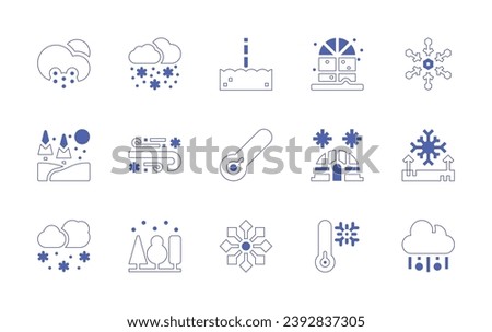 Snow icon set. Duotone style line stroke and bold. Vector illustration. Containing snow, anti snow, forest, sleet, pole, cold, snowflakes, window, igloo, severe weather.