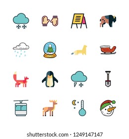snow icon set. vector set about text lines, shovel, cable car cabin and sled icons set.