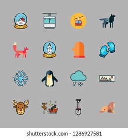 snow icon set. vector set about snowflake, sled, wolf and snow globe icons set.