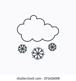 Snow icon. Snowflakes with cloud sign. Snowy overcast symbol. Linear outline icon on white background. Vector