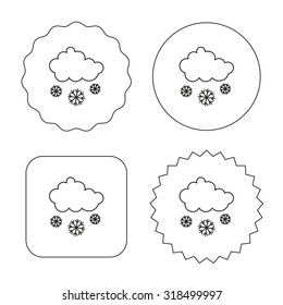 Snow icon. Snowflakes with cloud sign. Snowy overcast symbol. Flat circle, star and emblem buttons. Labels design. Vector