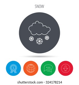 Snow icon. Snowflakes with cloud sign. Snowy overcast symbol. Globe, download and speech bubble buttons. Winner award symbol. Vector
