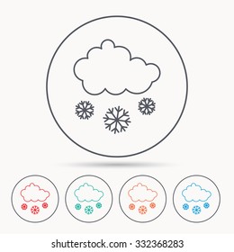 Snow icon. Snowflakes with cloud sign. Snowy overcast symbol. Linear circle icons.