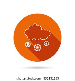 Snow icon. Snowflakes with cloud sign. Snowy overcast symbol. Round orange web button with shadow.