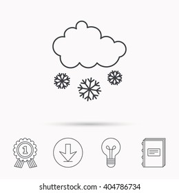 Snow icon. Snowflakes with cloud sign. Snowy overcast symbol. Download arrow, lamp, learn book and award medal icons.