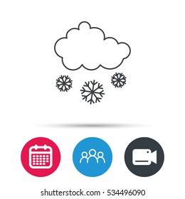 Snow icon. Snowflakes with cloud sign. Snowy overcast symbol. Group of people, video cam and calendar icons. Vector