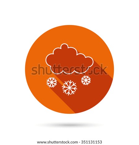 Snow icon. Snowflakes with cloud sign. Snowy overcast symbol. Round orange web button with shadow.