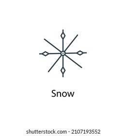 Ilustración de material de línea delgada de icono de nieve. Icono de línea de pronóstico del tiempo, aislado en fondo blanco, símbolo acariciado del tiempo. 