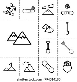 Snow icons. set of 13 editable outline snow icons such as shovel, snowflake, mountain, heart frozen, snowboard