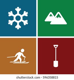 snow icons set. Set of 4 snow filled icons such as shovel, mountain, snowflake