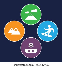 Snow icons set. set of 4 snow filled icons such as mountain, snowboard