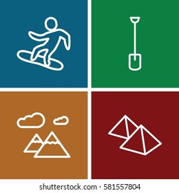 snow icons set. Set of 4 snow outline icons such as shovel, mountain