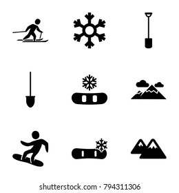 Snow icons. set of 9 editable filled snow icons such as snowflake, shovel, mountain, skiing