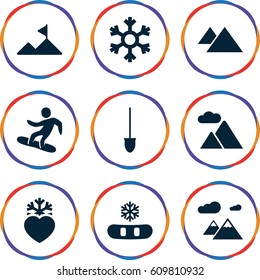 Snow icons set. set of 9 snow filled icons such as shovel, heart frozen, mountain, snowflake