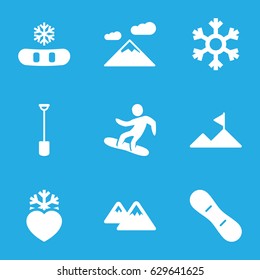 Snow icons set. set of 9 snow filled icons such as shovel, heart frozen, mountain, snowflake, snowboard