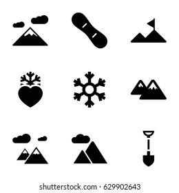 Snow icons set. set of 9 snow filled icons such as shovel, heart frozen, mountain, snowflake