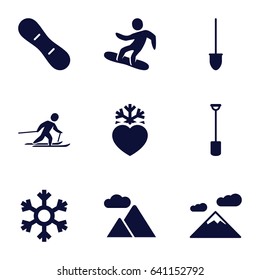 Snow icons set. set of 9 snow filled icons such as shovel, heart frozen, mountain, snowflake, skiing, snowboard