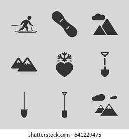 Snow icons set. set of 9 snow filled icons such as shovel, heart frozen, mountain, skiing