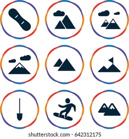 Snow icons set. set of 9 snow filled icons such as shovel, mountain, snowboard