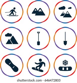 Snow icons set. set of 9 snow filled icons such as shovel, mountain, skiing, snowboard, snow board